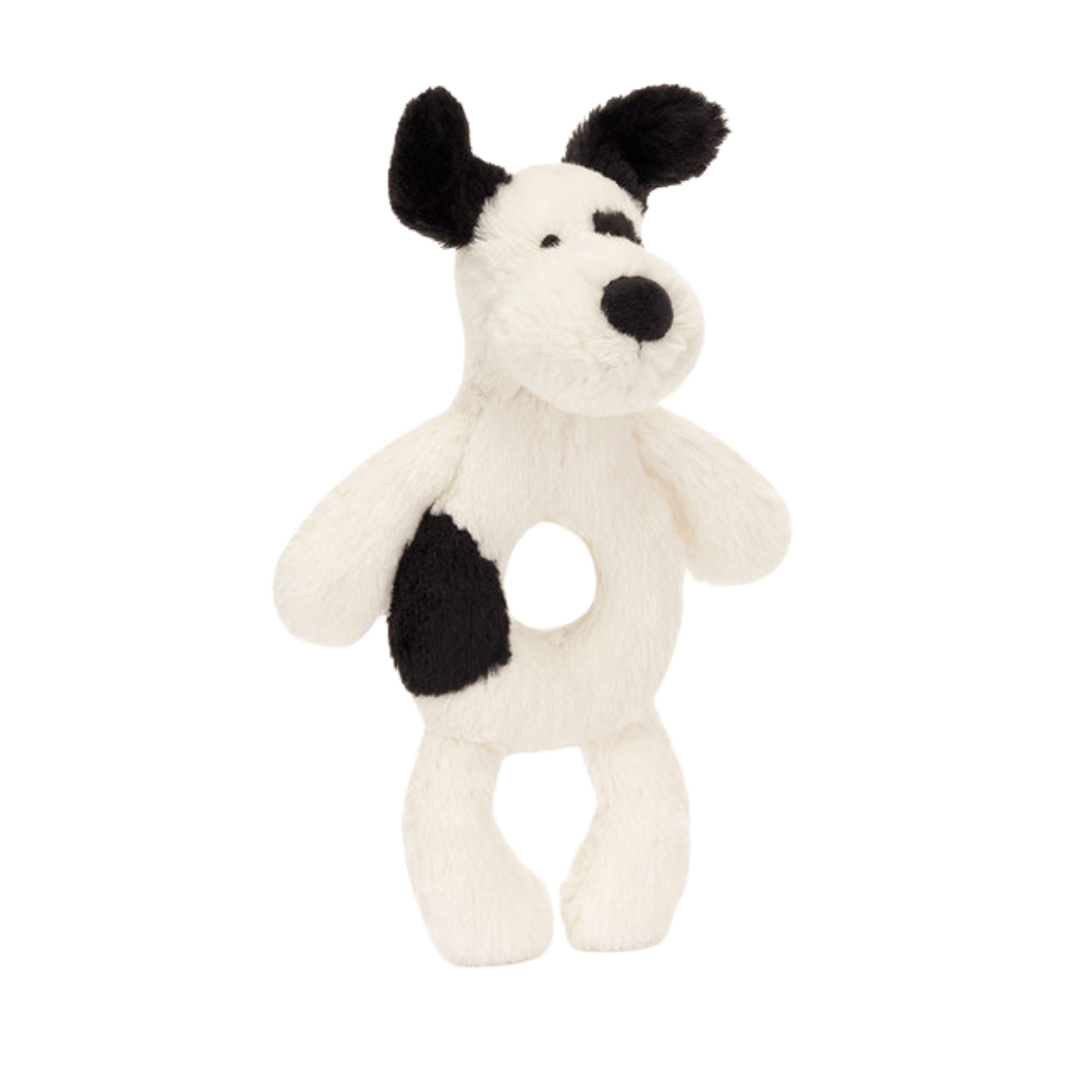 JELLYCAT BASHFUL BLACK & CREAM PUPPY RING RATTLE