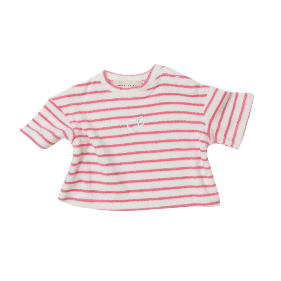 CINNAMON BABY TERRY TOWELING STRIPE TEE - PINK