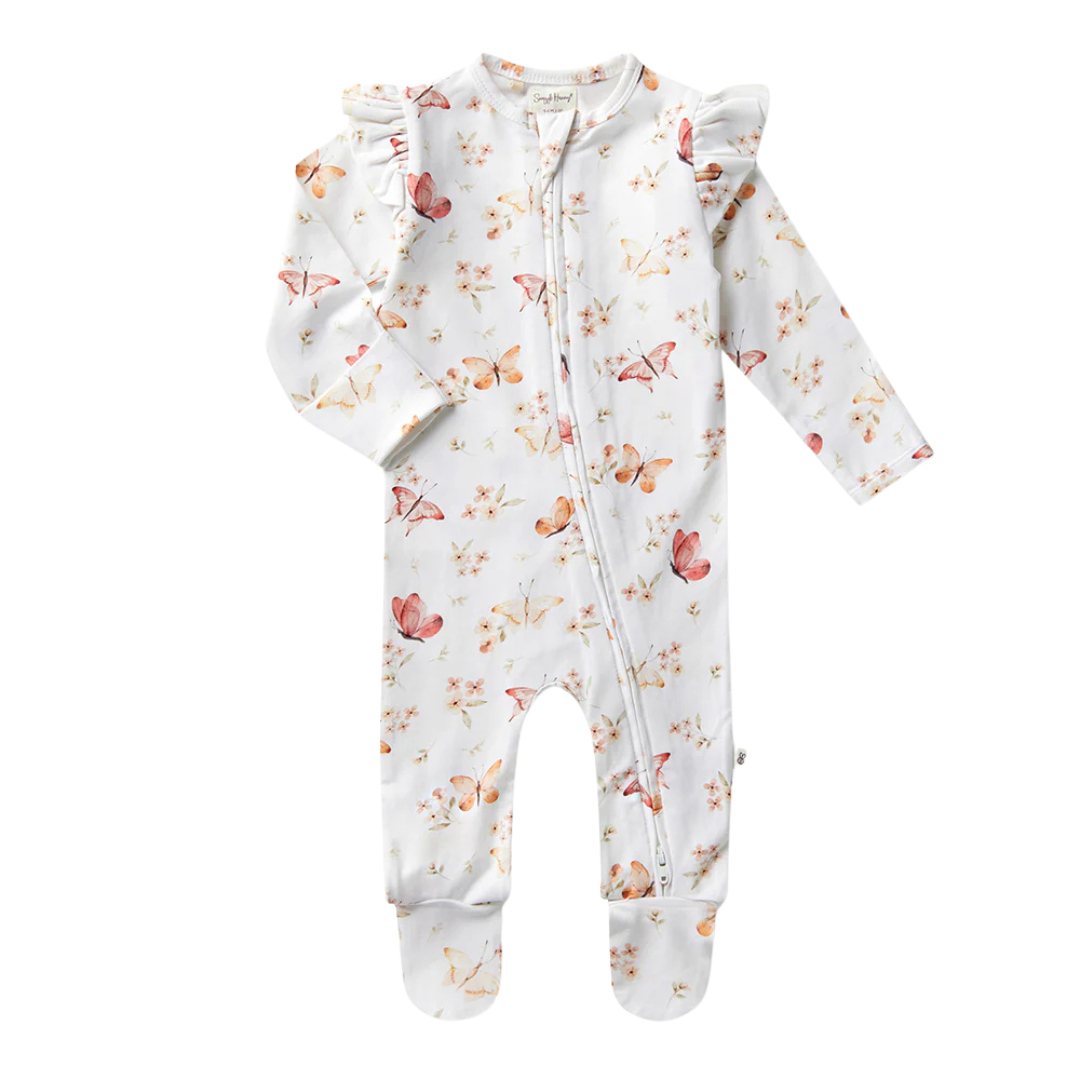 SNUGGLE HUNNY KIDS BUTTERFLY SLEEPSUIT ZIP FOOTIE WITH FRILL