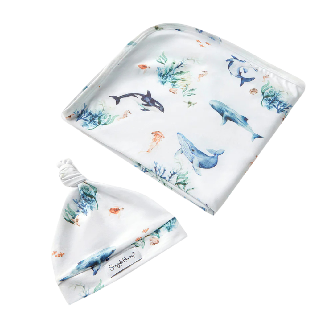 SNUGGLE HUNNY KIDS OCEAN JERSEY WRAP & BEANIE SET