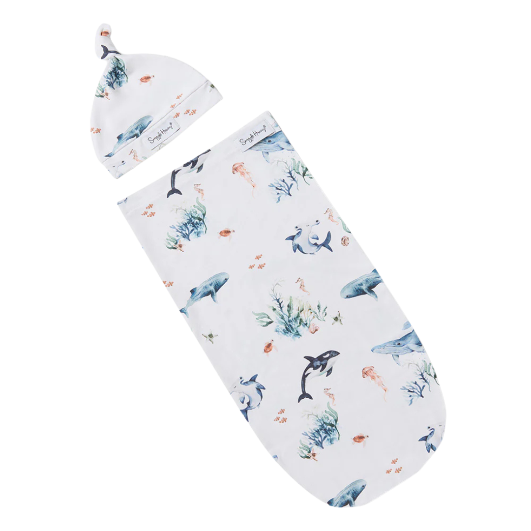 SNUGGLE HUNNY KIDS OCEAN SNUGGLE SWADDLE & TOPKNOT SET