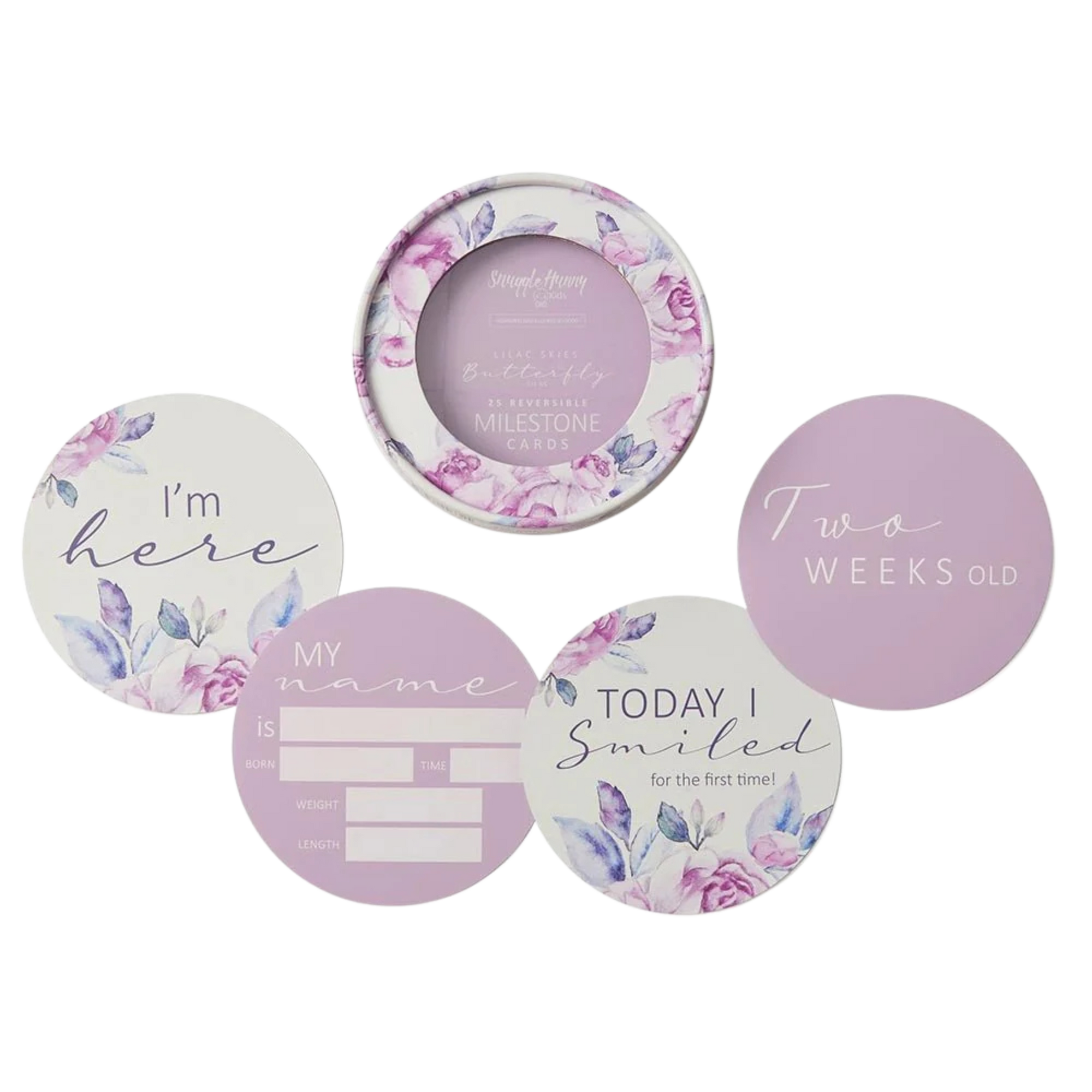 SNUGGLE HUNNY KIDS REVERSIBLE MILESTONE CARDS - LILAC SKIES & BUTTERFLY LILAC