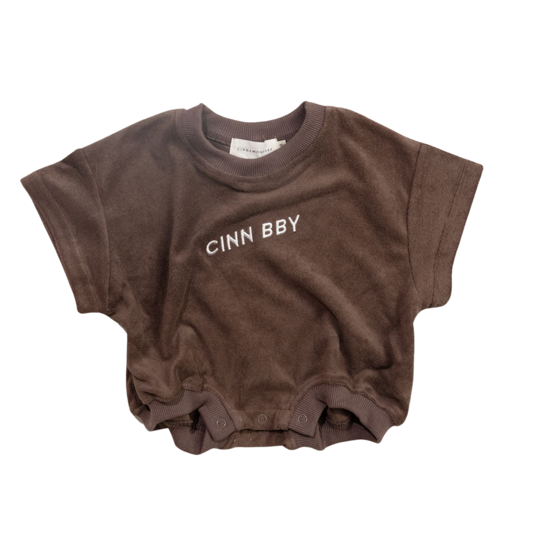 CINNAMON BABY TERRY T-SHIRT ROMPER - DARK CHOCOLATE