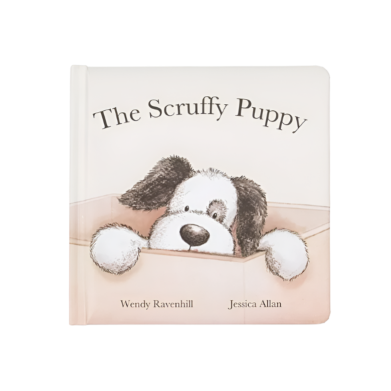 JELLYCAT SCRUFFY PUPPY BOOK (BASHFUL BLK & CREAM PUPPY)